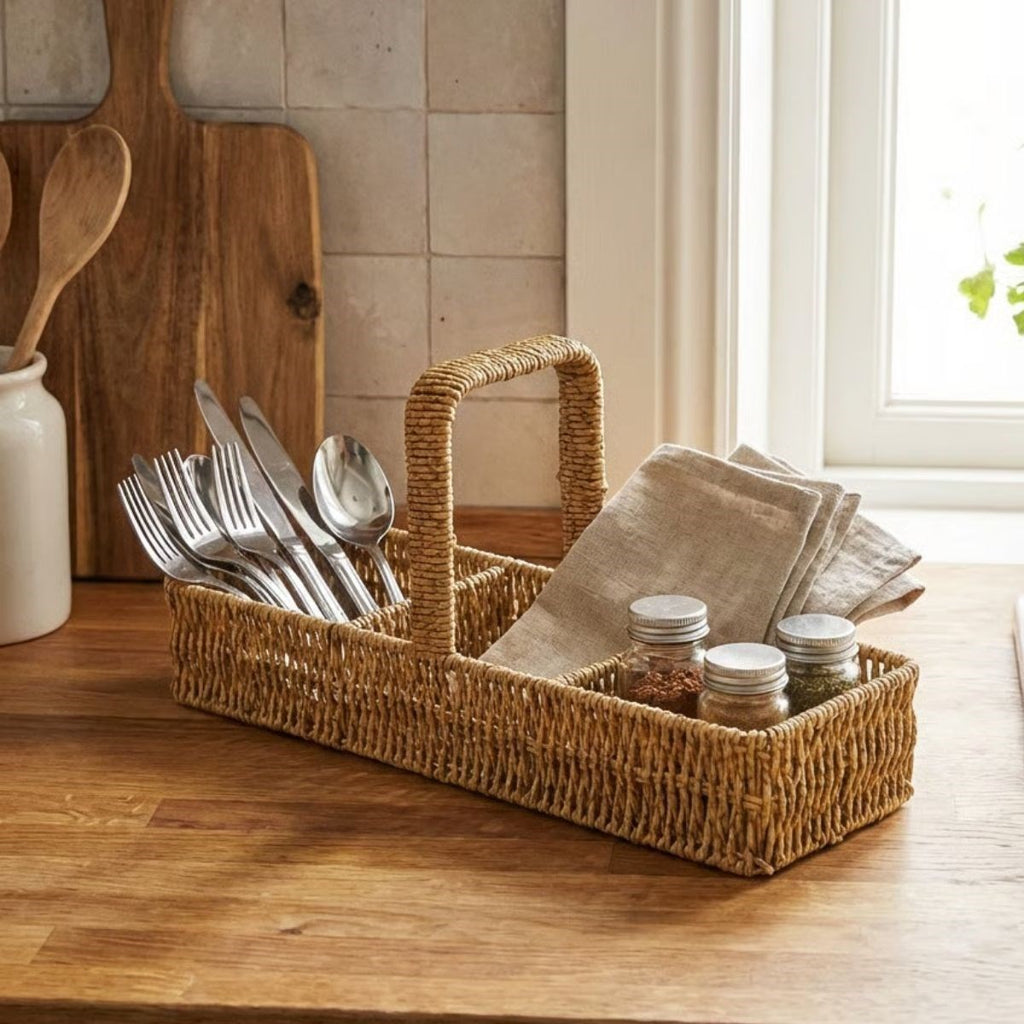 3 Bölmeli Plastik Rattan Düzenleyici–Saplı Masaüstü Organizer, Mutfak Kaşık Çatal Sepeti, Banyo & Ofis Çok Amaçlı Sunum Standı