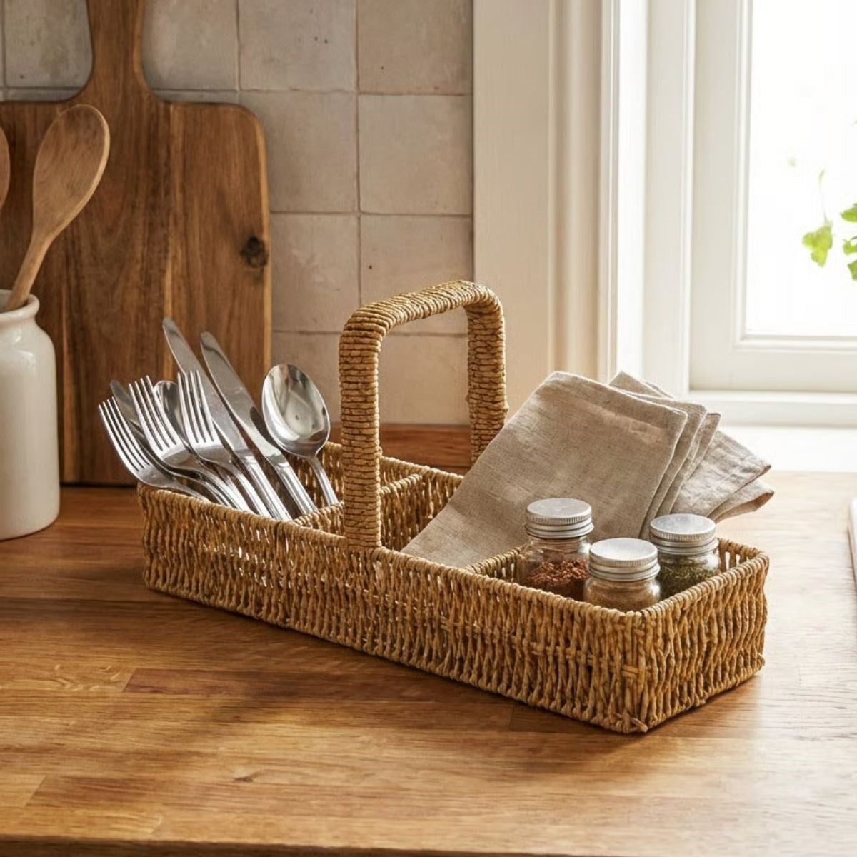 3 Bölmeli Plastik Rattan Düzenleyici–Saplı Masaüstü Organizer, Mutfak Kaşık Çatal Sepeti, Banyo & Ofis Çok Amaçlı Sunum Standı