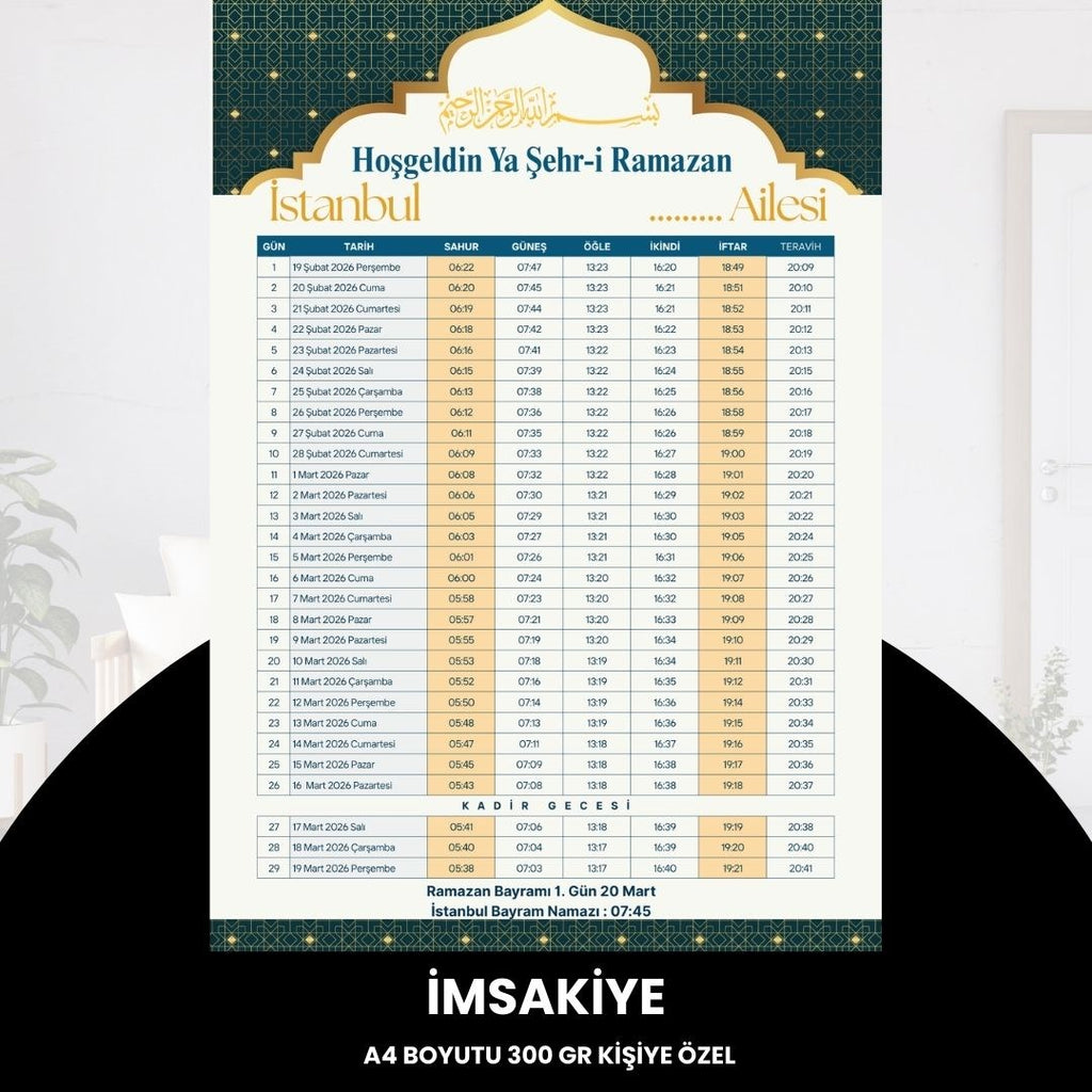 Ramazan İmsakiyesi - 300 Gr - A4 Boyut Kişiye Özel İsimli & Logolu 10 Adet Sarı