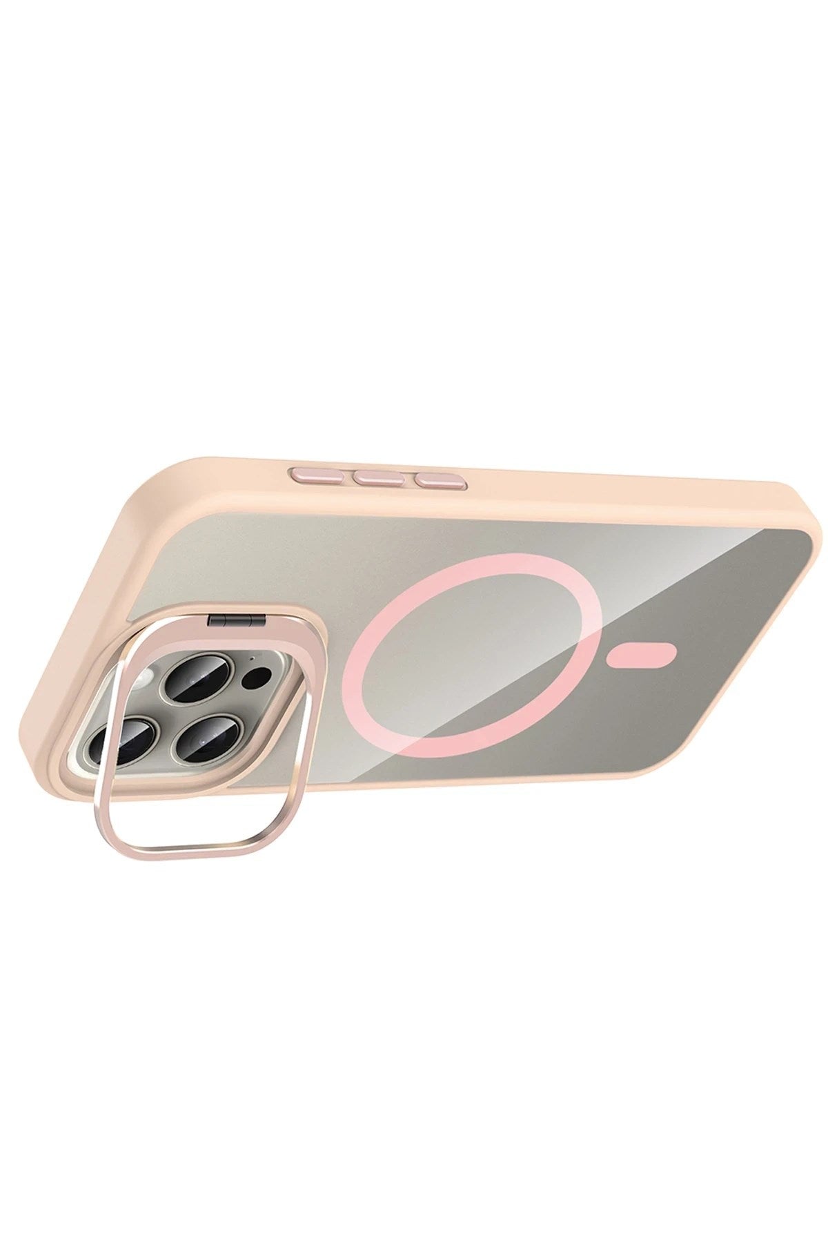 Mey İthalat® iPhone 15 Pro Max Remim Lensli Magsafe Standlı Kapak - Pembe