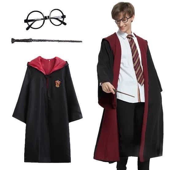Mey İthalat® Harry Potter Gryffindor Kapişonlu Çocuk Kostüm + Asa + Gözlük Seti 9-10 Yaş