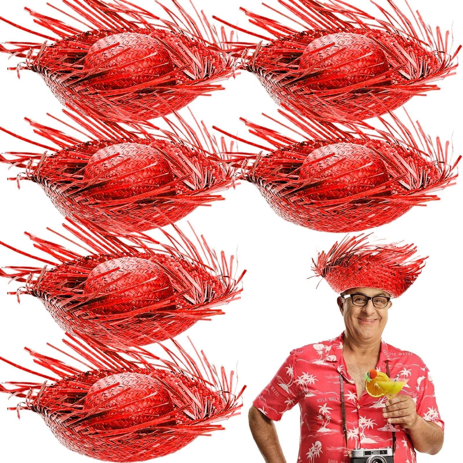 Mey İthalat® Tropikal Parti Kırmızı Hasır Hawaii Şapkası 13x36 cm