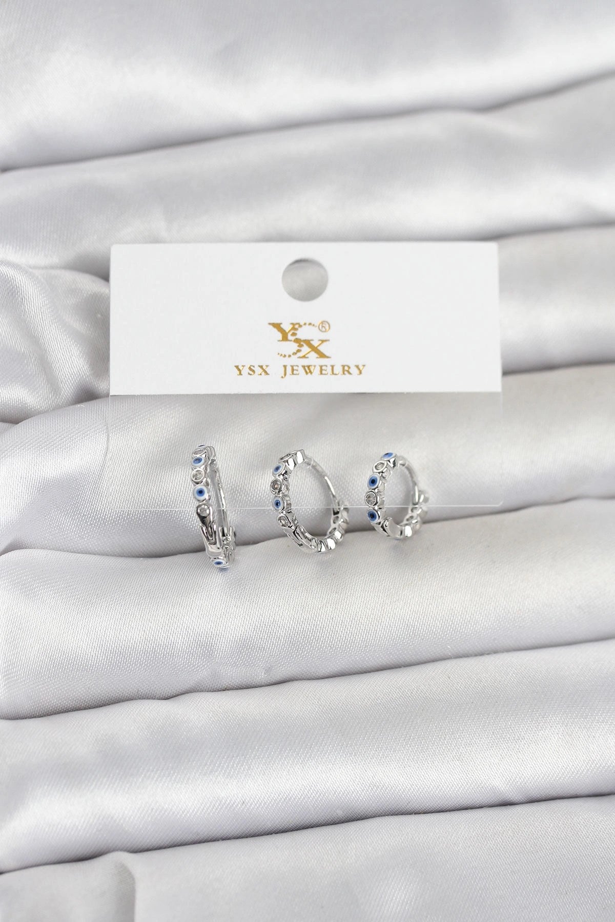 Mey İthalat® Pirinç Gümüş Renk Nazarlı Model 3'lü Kadın Küpe
