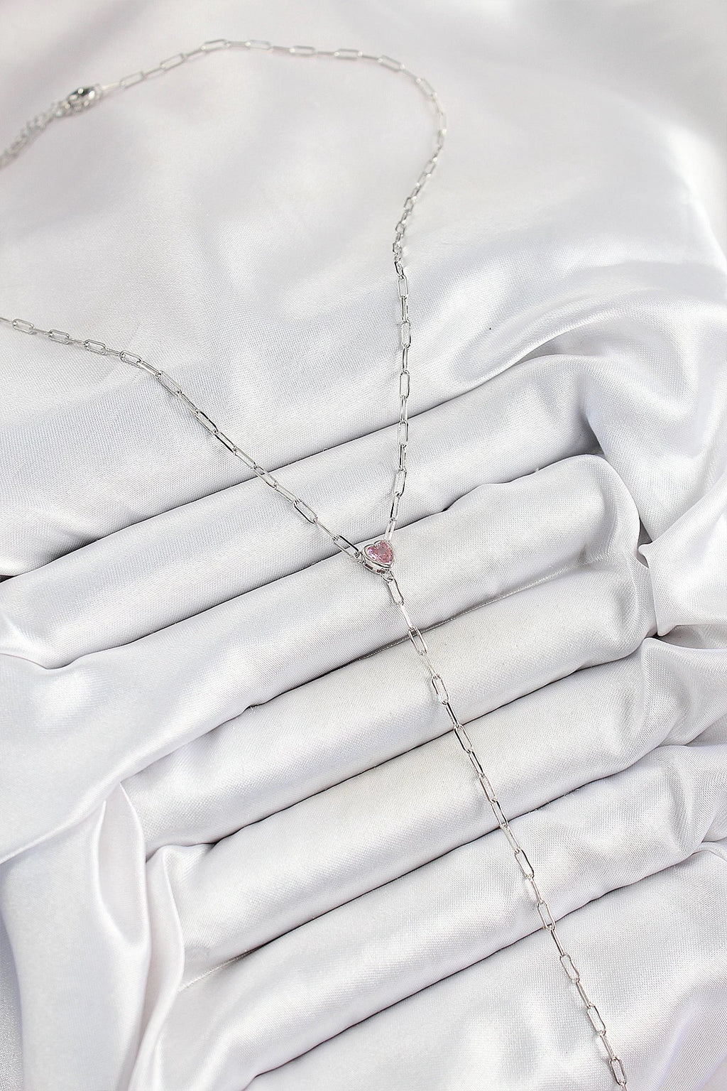 Mey İthalat® Pirinç Zirkon Taşlı Pembe Kalp Figürlü Y Model Gümüş Renk Kadın Kolye