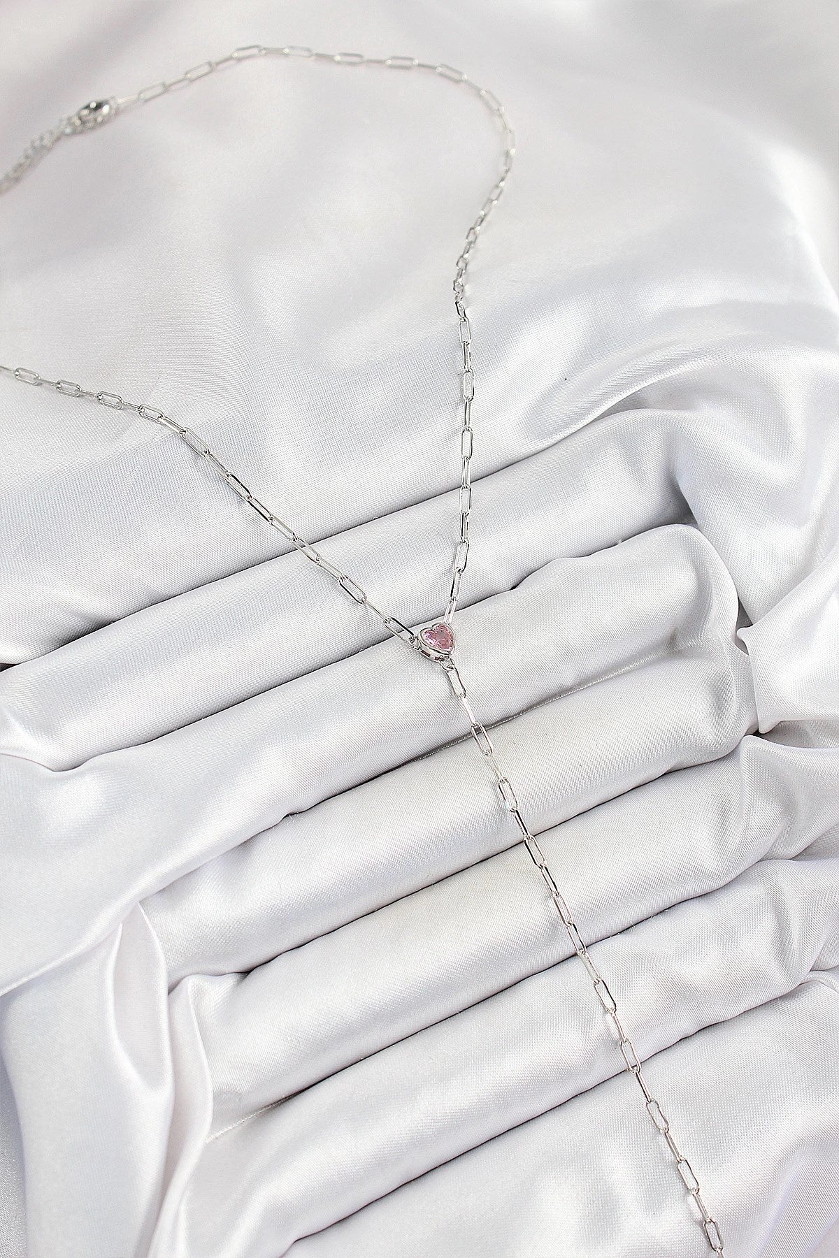 Mey İthalat® Pirinç Zirkon Taşlı Pembe Kalp Figürlü Y Model Gümüş Renk Kadın Kolye