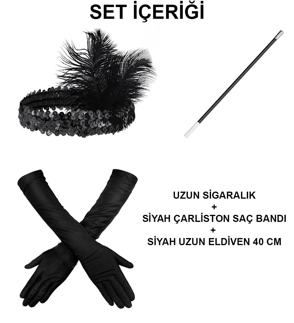 Mey İthalat® 1920&amp;#39;ler Gatsby Aksesuar Seti – Siyah Charleston Saç Bandı, Uzun Eldiven &amp; Sigaralık