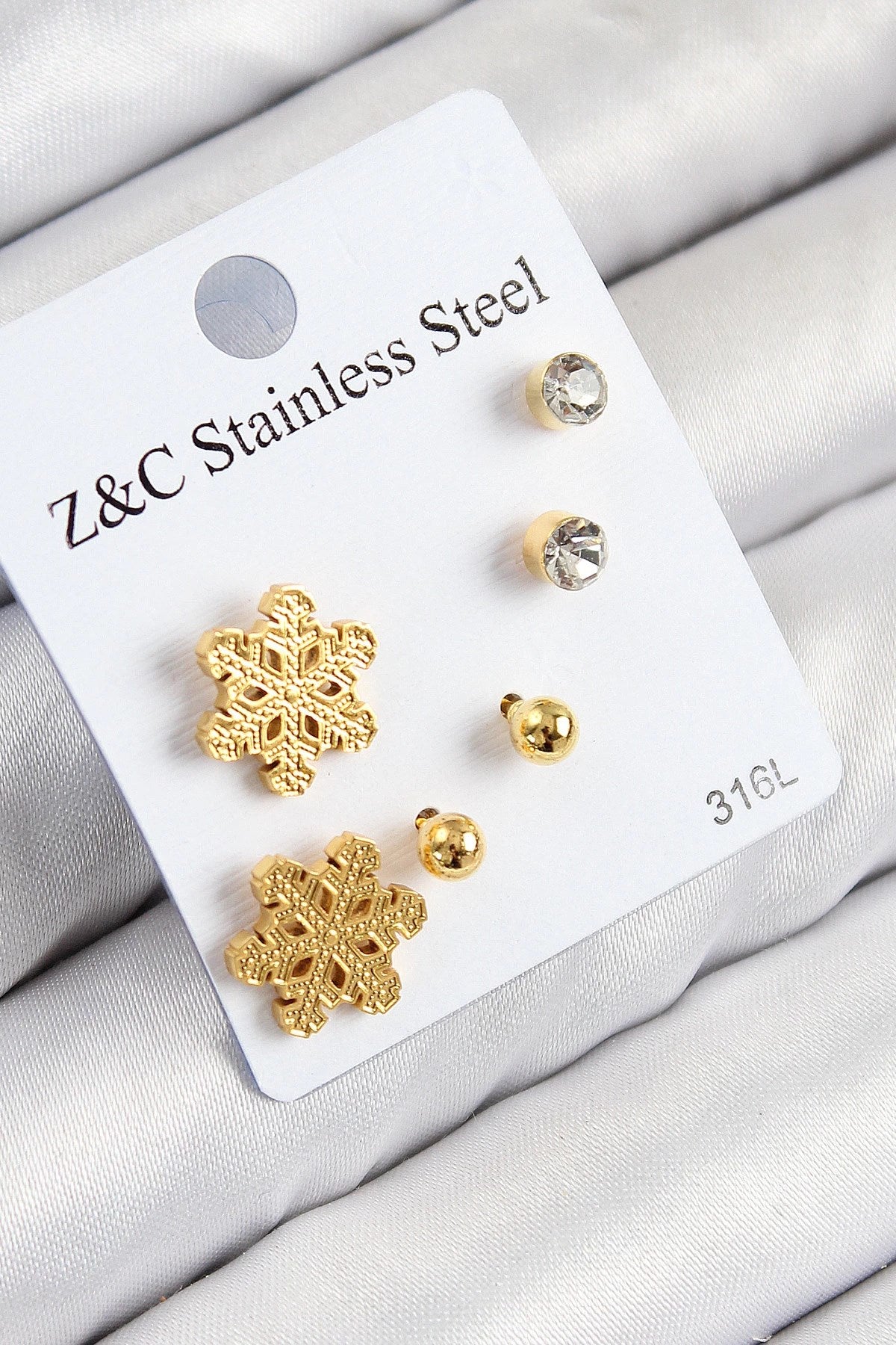 Mey İthalat® 316L Çelik Zirkon Taşlı Kar Tanesi Model Gold Renk Kadın Set Küpe