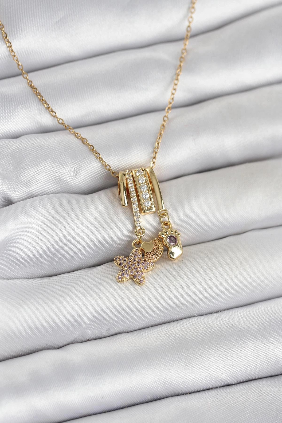 Mey İthalat® 316L Çelik Gold Zirkon Taşlı Deniz Tema Charmlı Kadın Kolye