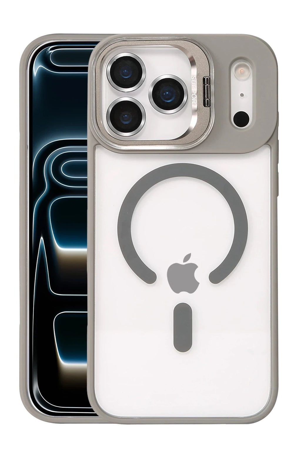 Mey İthalat® iPhone 17 Pro Max Remim Lensli Magsafe Standlı Kapak - Titan Gri
