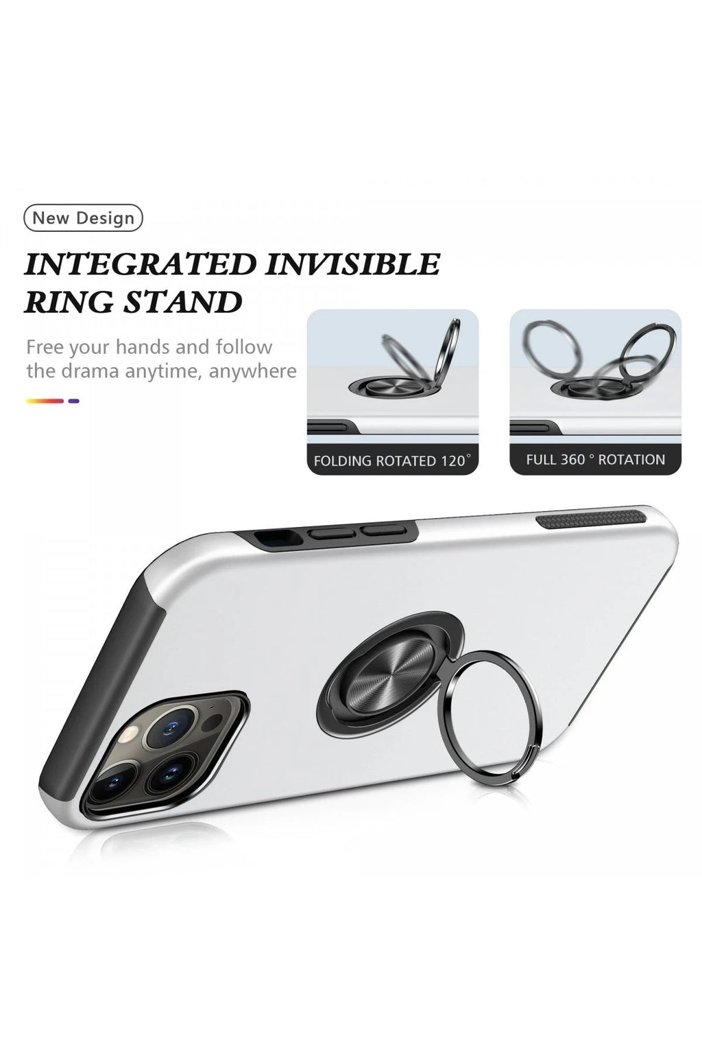 Mey İthalat® iPhone 13 Pro Kılıf Elit Yüzüklü Kapak - Gümüş