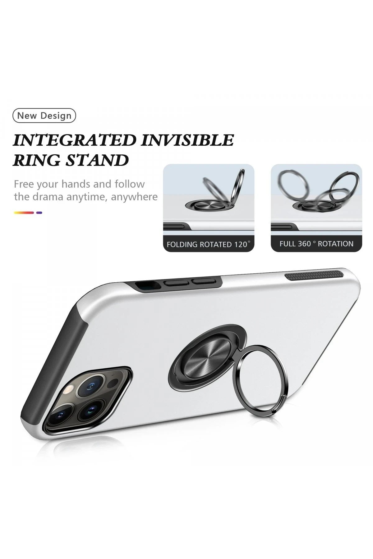 Mey İthalat® iPhone 13 Pro Kılıf Elit Yüzüklü Kapak - Gümüş