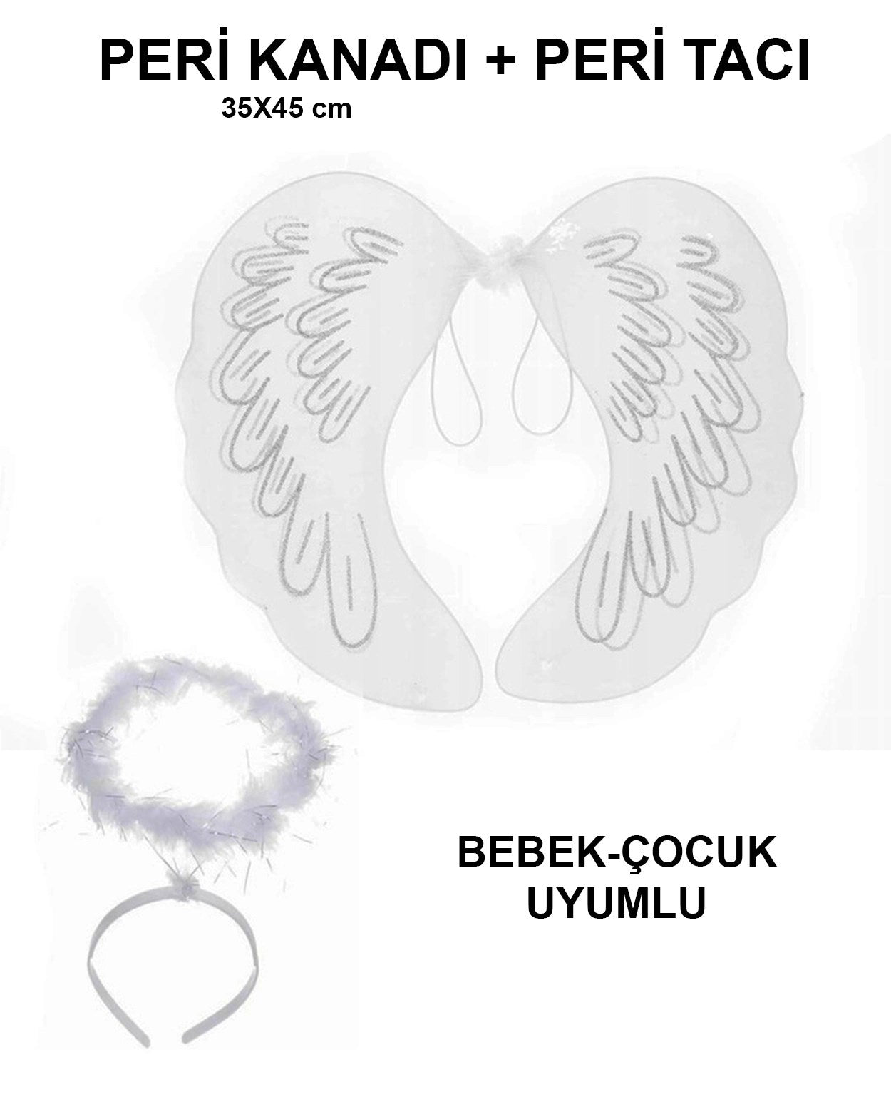 Mey İthalat® Beyaz Dantel Tüllü Peri Kanadı ve Peri Tacı Seti 45x40 cm