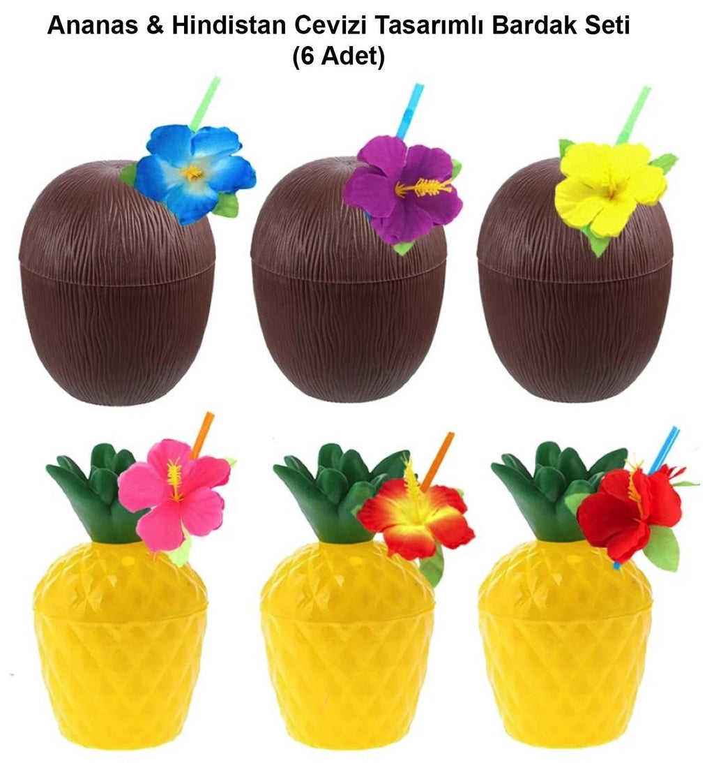 Mey İthalat® Ananas &amp; Hindistan Cevizi Tasarımlı Pipetli Bardak Seti (6 Adet)