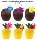 Mey İthalat® Ananas &amp; Hindistan Cevizi Tasarımlı Pipetli Bardak Seti (6 Adet)