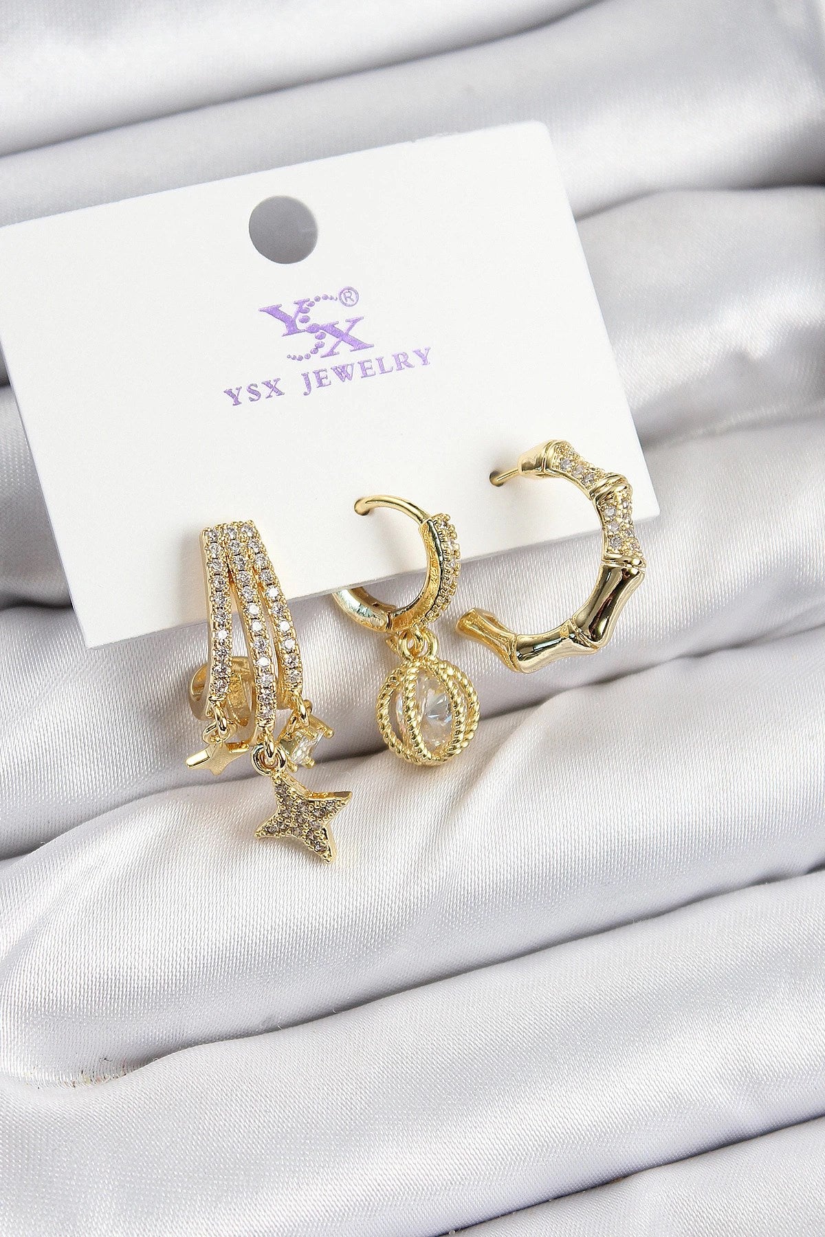 Mey İthalat® Pirinç Zİrkon Taşlı Sallantılı Yıldız Model Gold Renk 3'lü Kadın Küpe