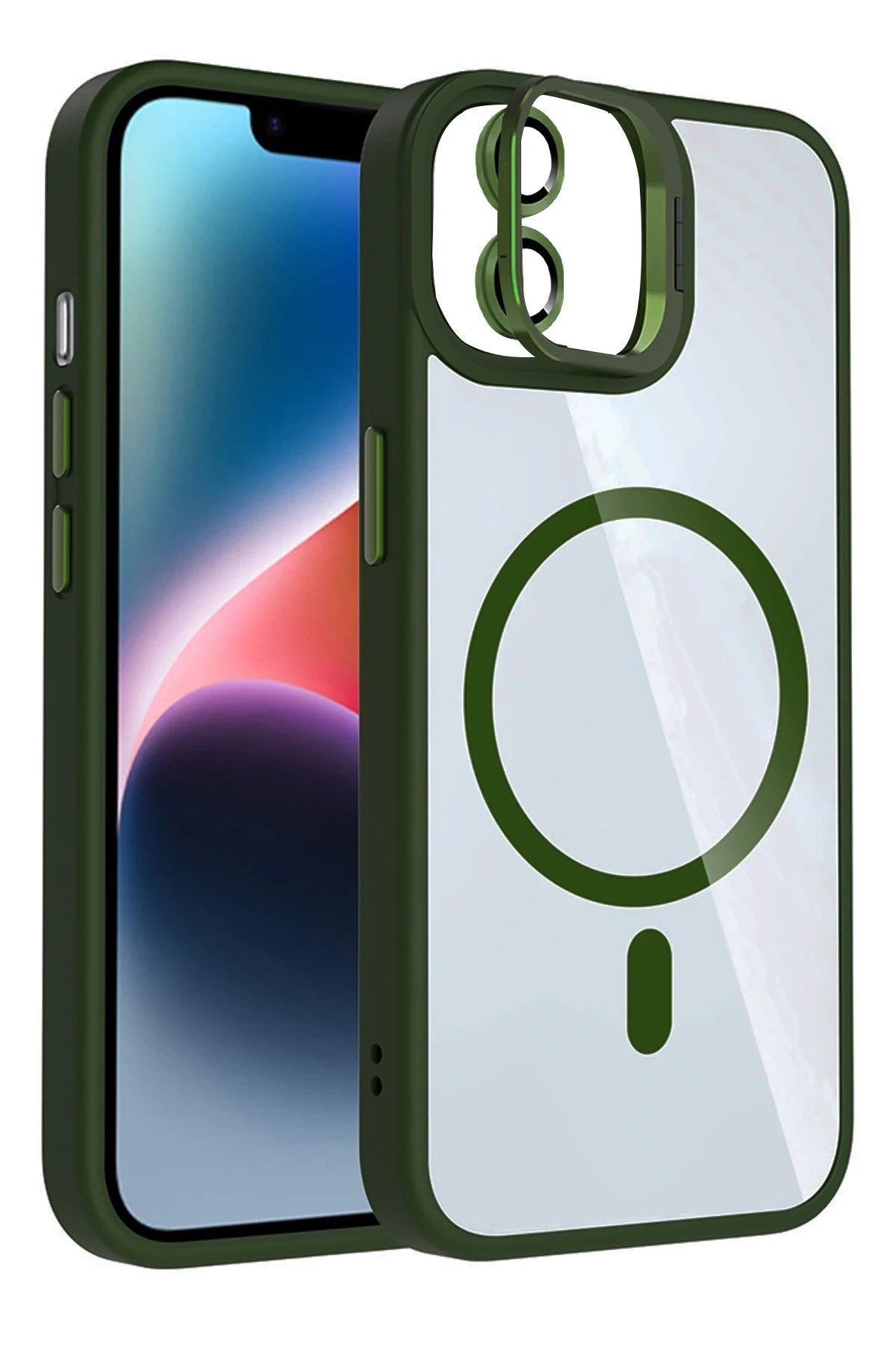 Mey İthalat® iPhone 11 Remim Lensli Magsafe Standlı Kapak - Koyu Yeşil