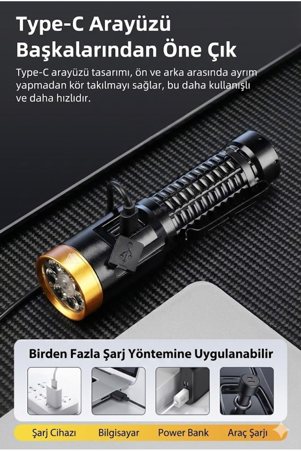 2800 Lümen Yeşil Lazerli Şarjlı El Feneri - Dijital Göstergeli Mıknatıslı Taktik Kamp Feneri