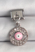 Mey İthalat® 316L Çelik Gümüş Renk Sallantı Zirkon Taşlı Pembe Göz Model Nomination Charm