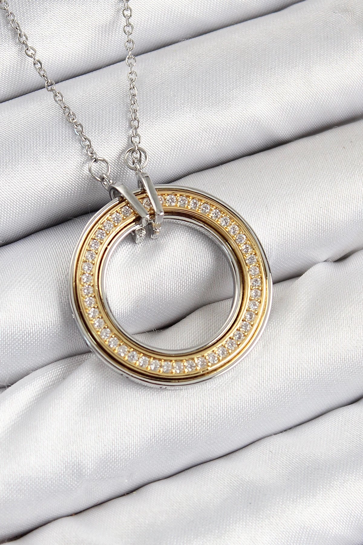 Mey İthalat® 316L Çelik Zirkon Taşlı Dönen Daire Model Gold Ve Gümüş Renk Kadın Kolye