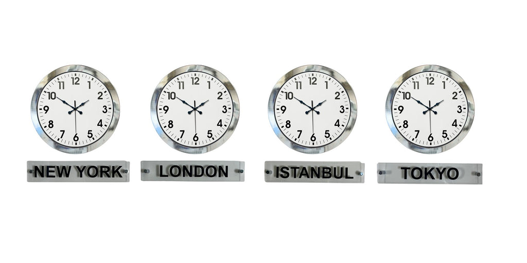 SilverLine 4’lü 36 Cm Krom Metal Tabelalı Dünya Saat Seti