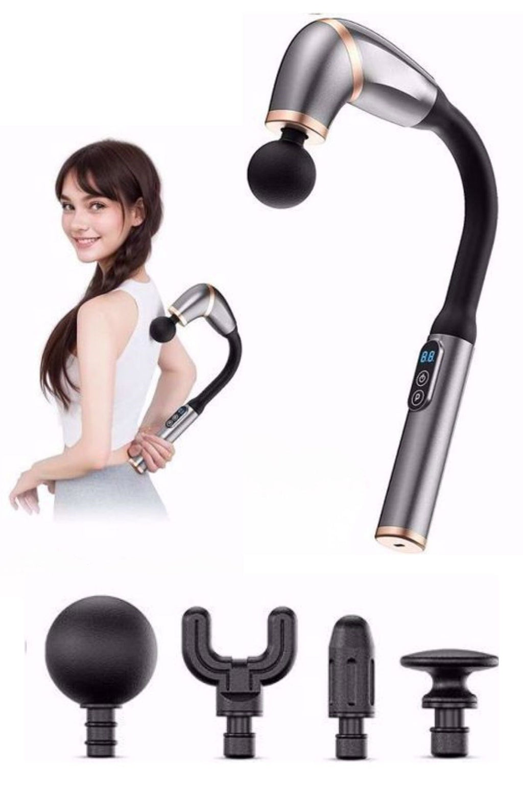 4 Farklı Başlıklı Uzun Saplı Derin Doku Masaj Tabancası, Boyun, Omuz ve Sırt için Ergonomik Saplı Çoklu Masaj Modlu Taşınabilir Masaj Aleti