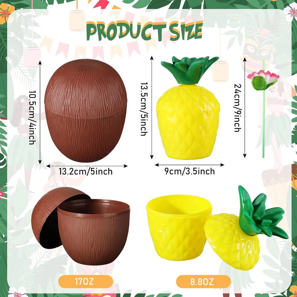 Mey İthalat® Ananas &amp; Hindistan Cevizi Tasarımlı Pipetli Bardak Seti (6 Adet)