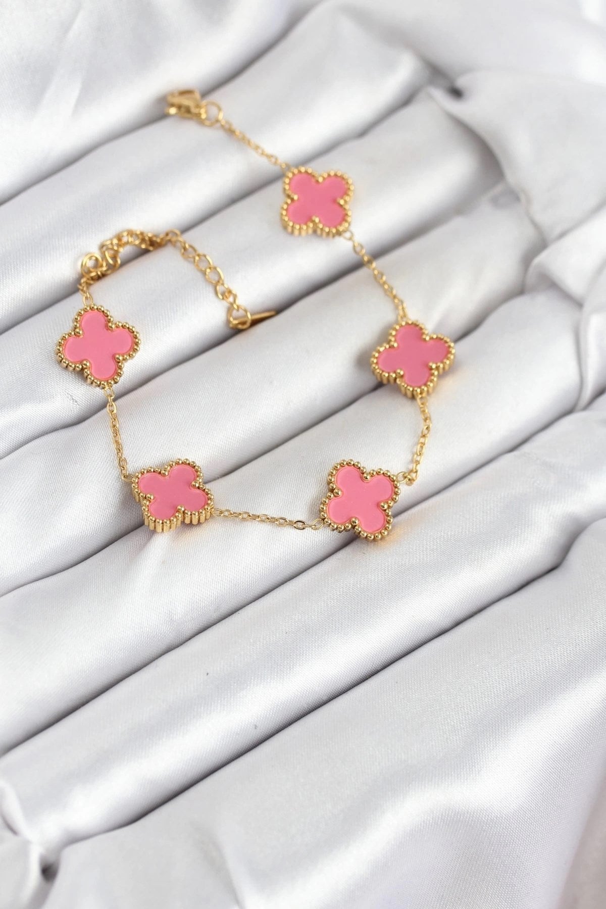 Mey İthalat® 316L Çelik Gold Zincir Pembe Yonca Renk Bileklik