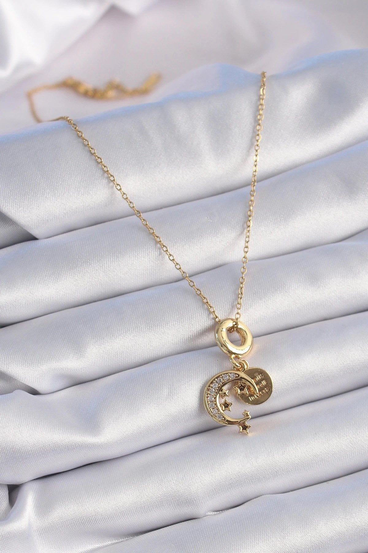 Mey İthalat® 316L Çelik Gold Renk Zirkon Taşlı Ay Yıldız Model Charm Model Kadın Kolye