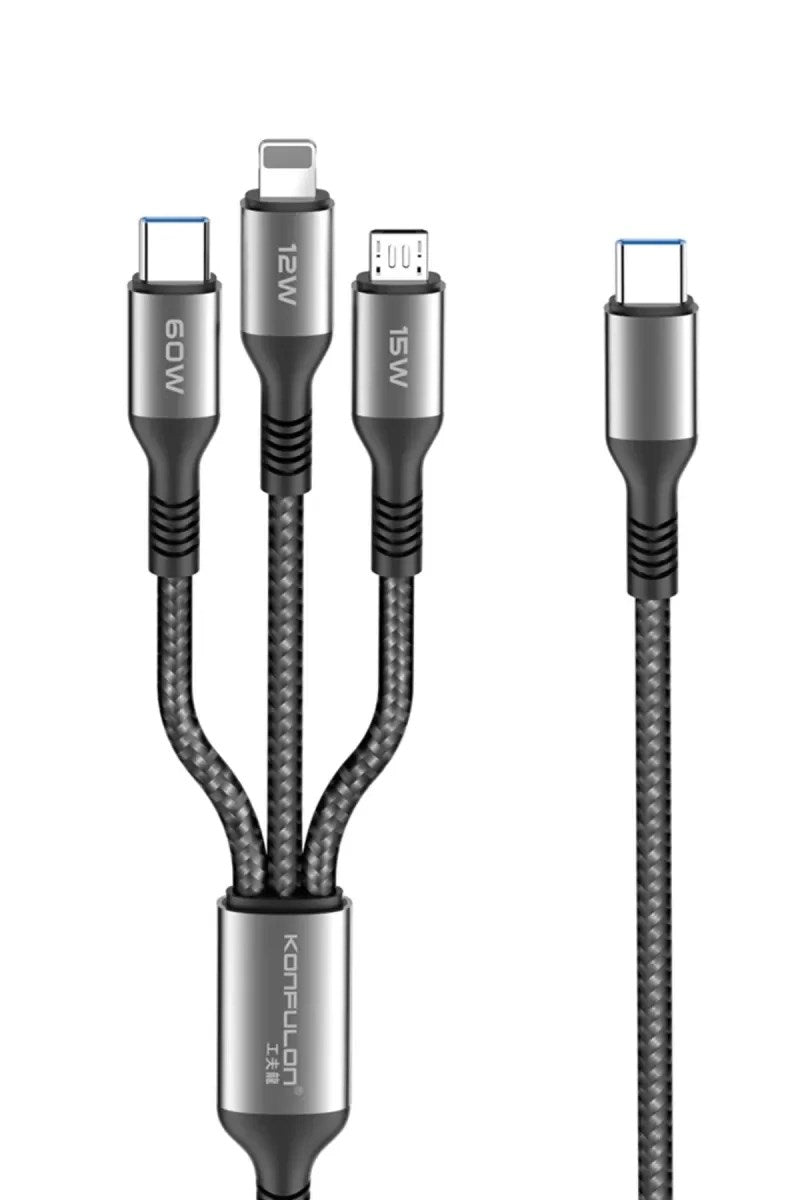 Mey İthalat® DC62 3in1 Type-C to 60W Type-C / 12W Lightning / 15W Micro 1.2M Hızlı Şarj Kablo - Siyah