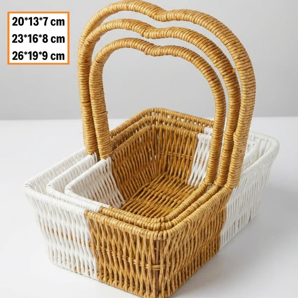 İç İçe Geçebilen 3’lü Çift Renkli Dikdörtgen Formlu Kalp Saplı Plastik Rattan Sepet Seti – Hasır Görünümlü Çok Amaçlı Organizerler