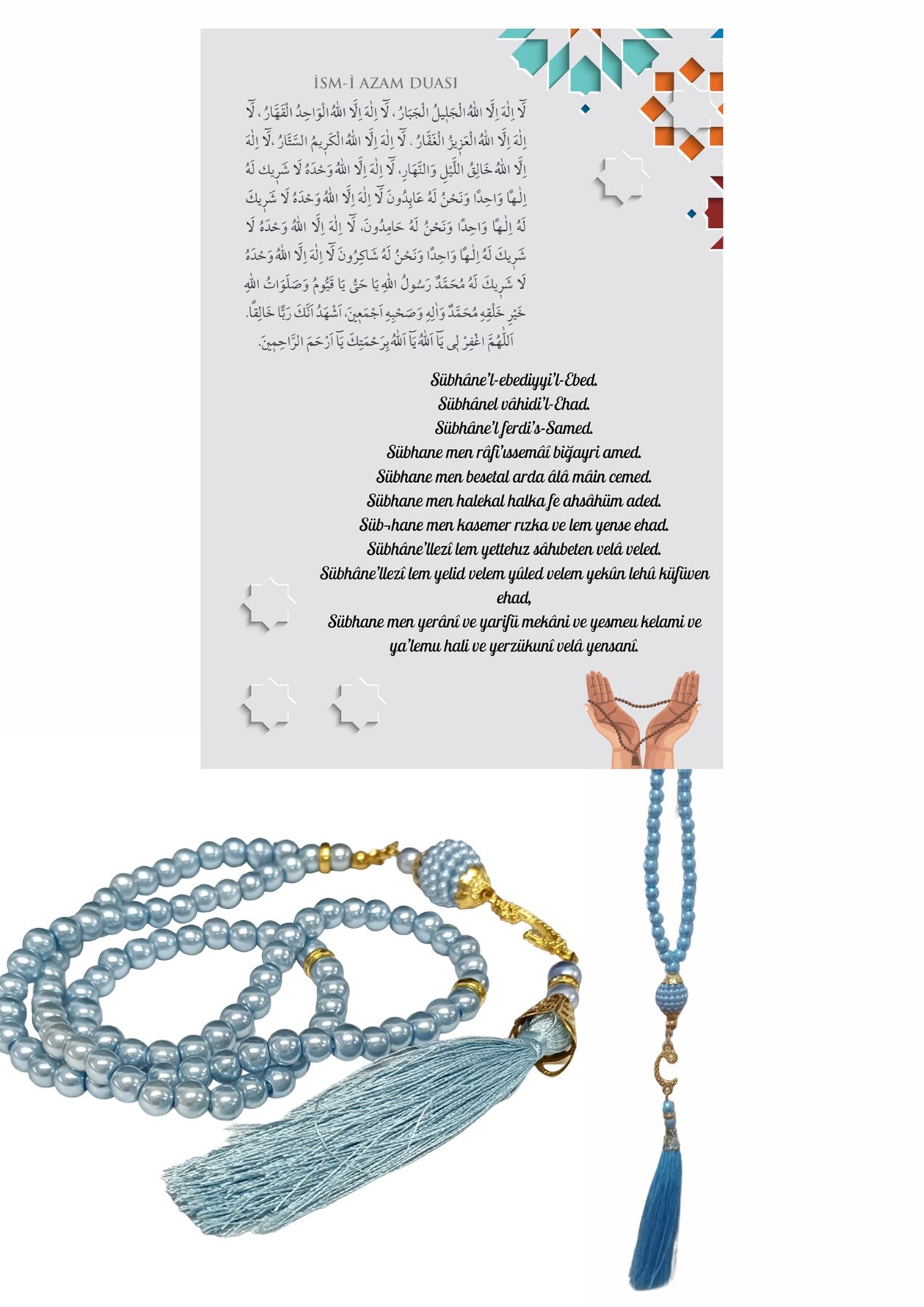 Namaz Tesbihi Vavlı 99'lu Cam İncili İsmi Azam Dua Kartı İle Mavi Renk Hediyelik