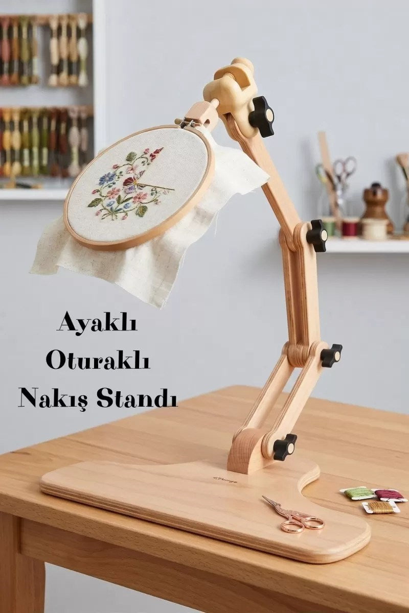 Ayaklı Ve Oturaklı Tam Ayarlanabilir Nakış Standı – Çok Eklemli Ahşap Kasnak Tutucu