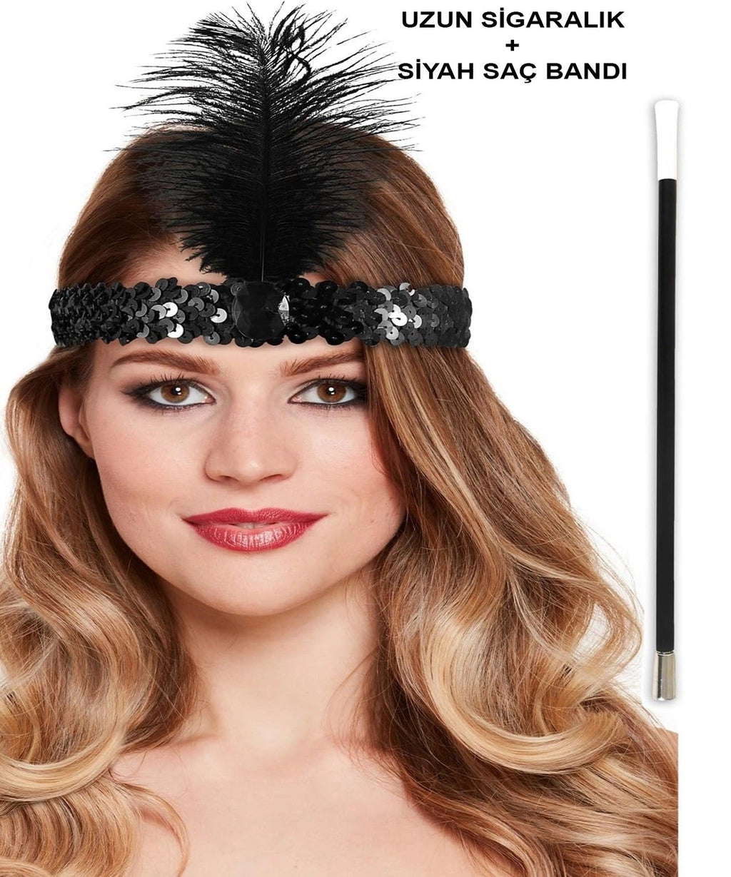 Mey İthalat® 1920&amp;#39;ler Gatsby Aksesuar Seti – Siyah Charleston Saç Bandı &amp; Sigaralık