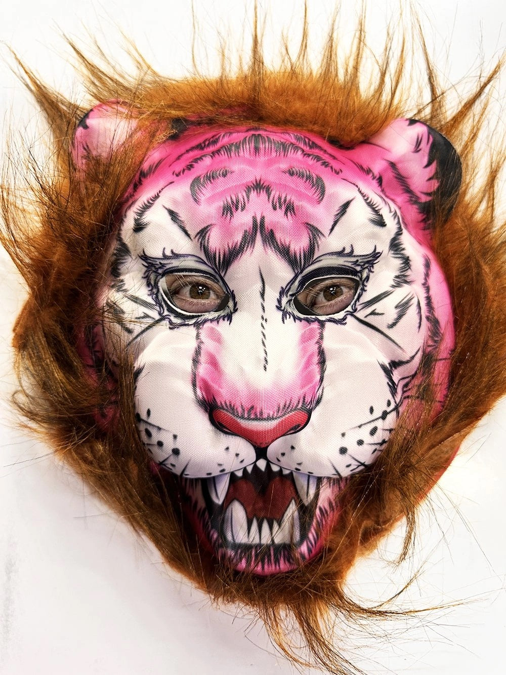 Mey İthalat® Kahverengi Saçlı Pembe Yüz Kurt Maske Kaplan Maske Mega Peluş 26 No
