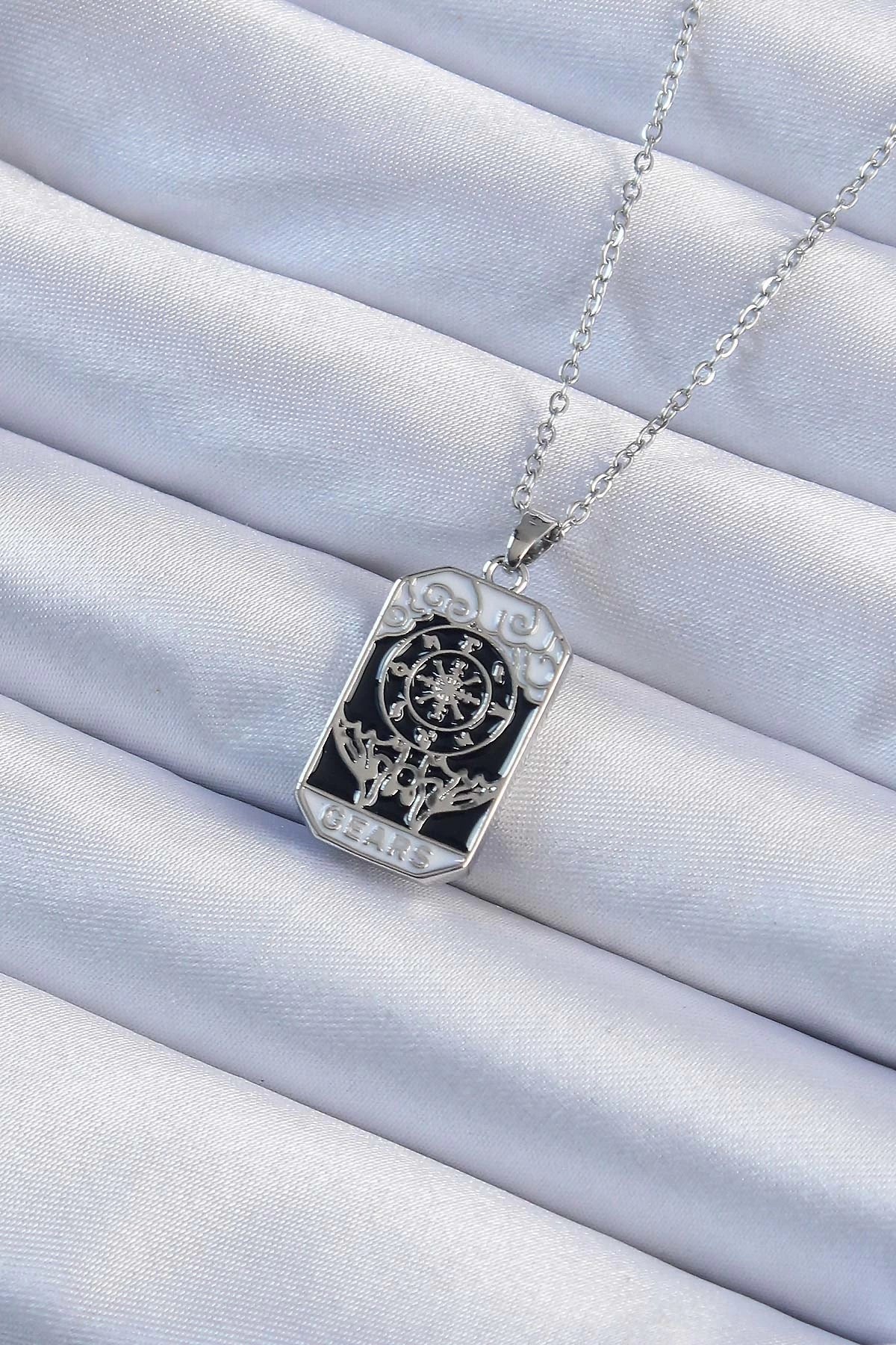 Mey İthalat® 316L Çelik Zincir Gümüş Renk İşlemeli Siyah Mineli Tarot Kolye