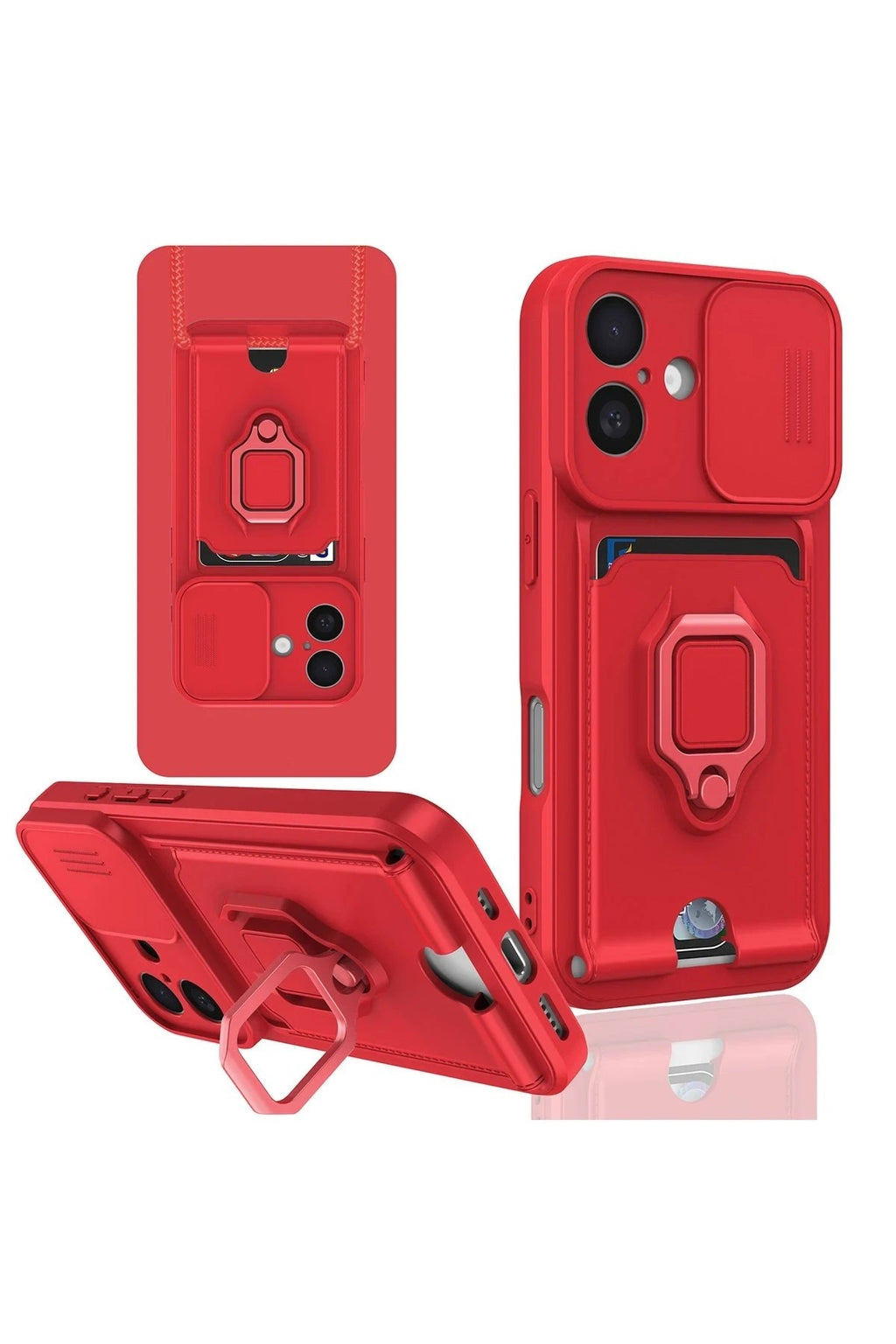 Mey İthalat® iPhone 16 Kılıf Zuma Kartvizitli Yüzüklü Silikon - Kırmızı