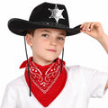 Mey İthalat® Çocuk Kovboy Şapka Rozetli Siyah &amp; Kırmızı Bandana Fular Seti