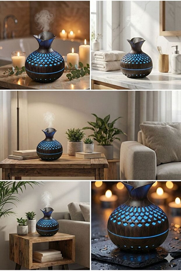 Premium Ahşap Desenli Ultrasonik Aromaterapi Difüzör & Hava Nemlendirici