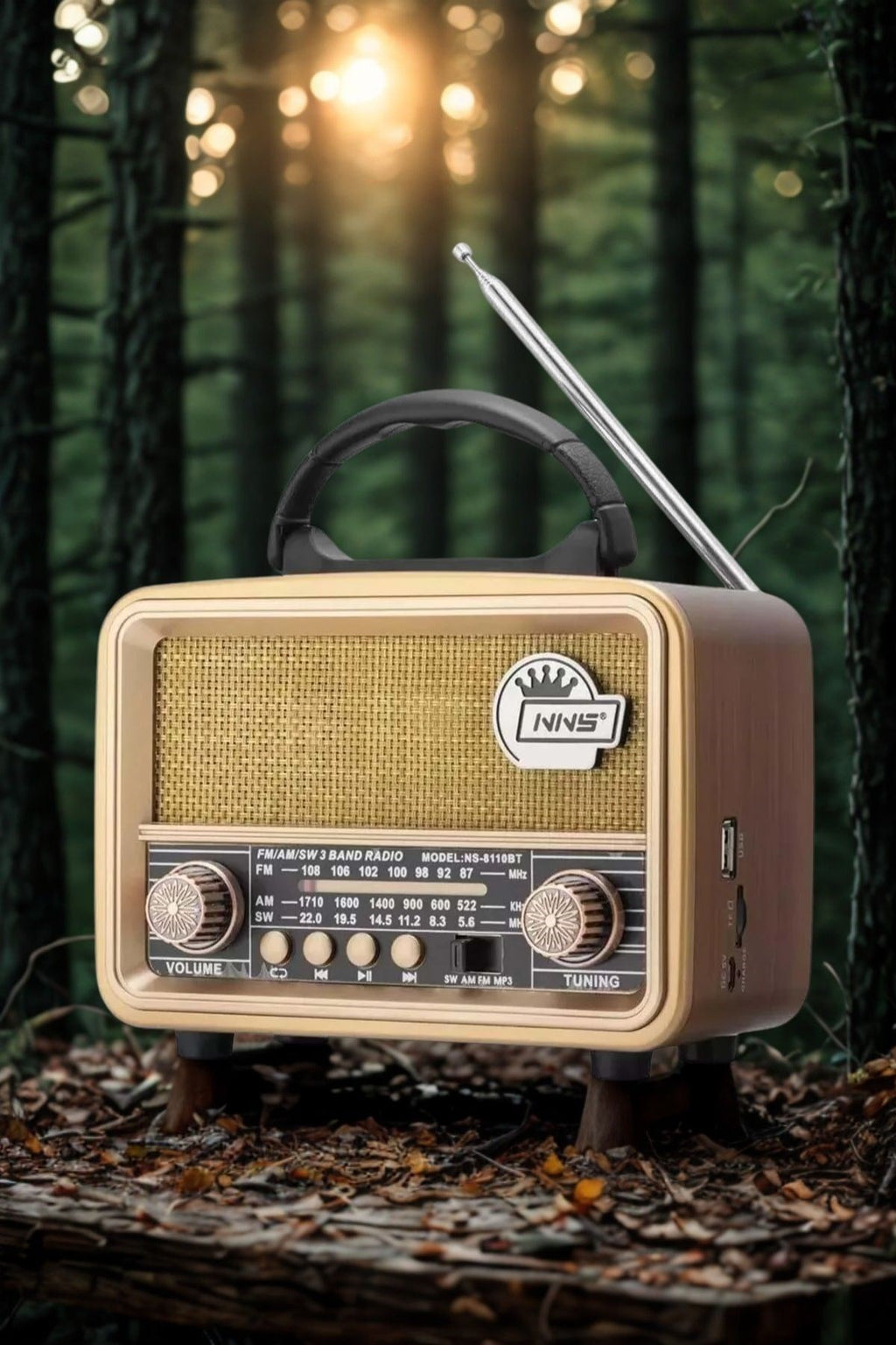 Orta Boy Retro, Nostaljik, Ahşap Tasarım Bluetooth Hoparlörlü, Şarjlı, Taşınabilir FM/AM Destekli Radyo NS-8110