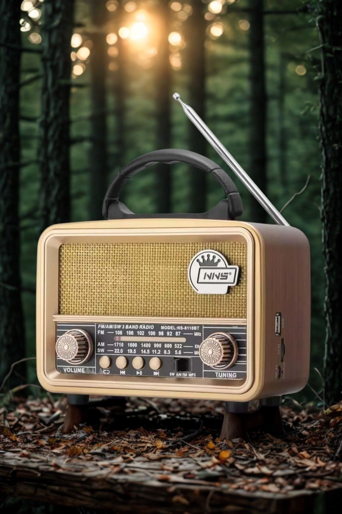 Orta Boy Retro, Nostaljik, Ahşap Tasarım Bluetooth Hoparlörlü, Şarjlı, Taşınabilir FM/AM Destekli Radyo NS-8110