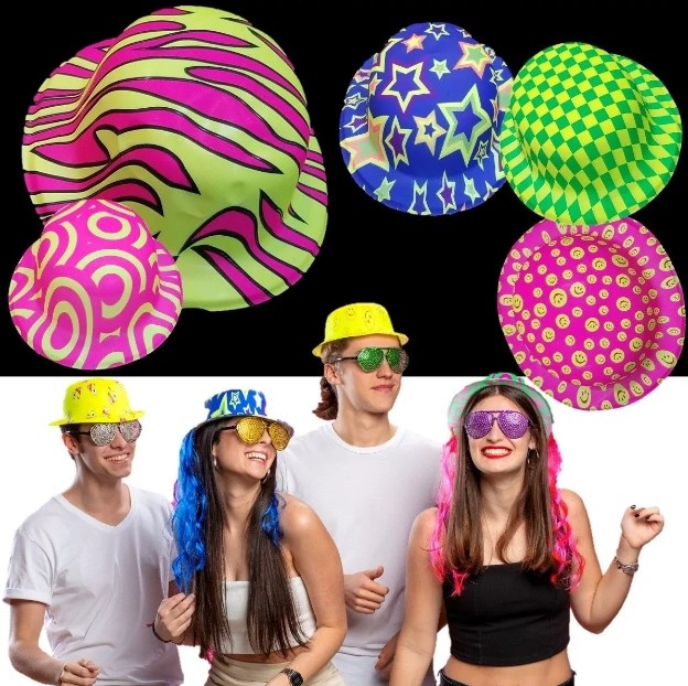Mey İthalat® Farklı Desenlerde Plastik Neon UV Işık Parti Şapkası 1 Adet