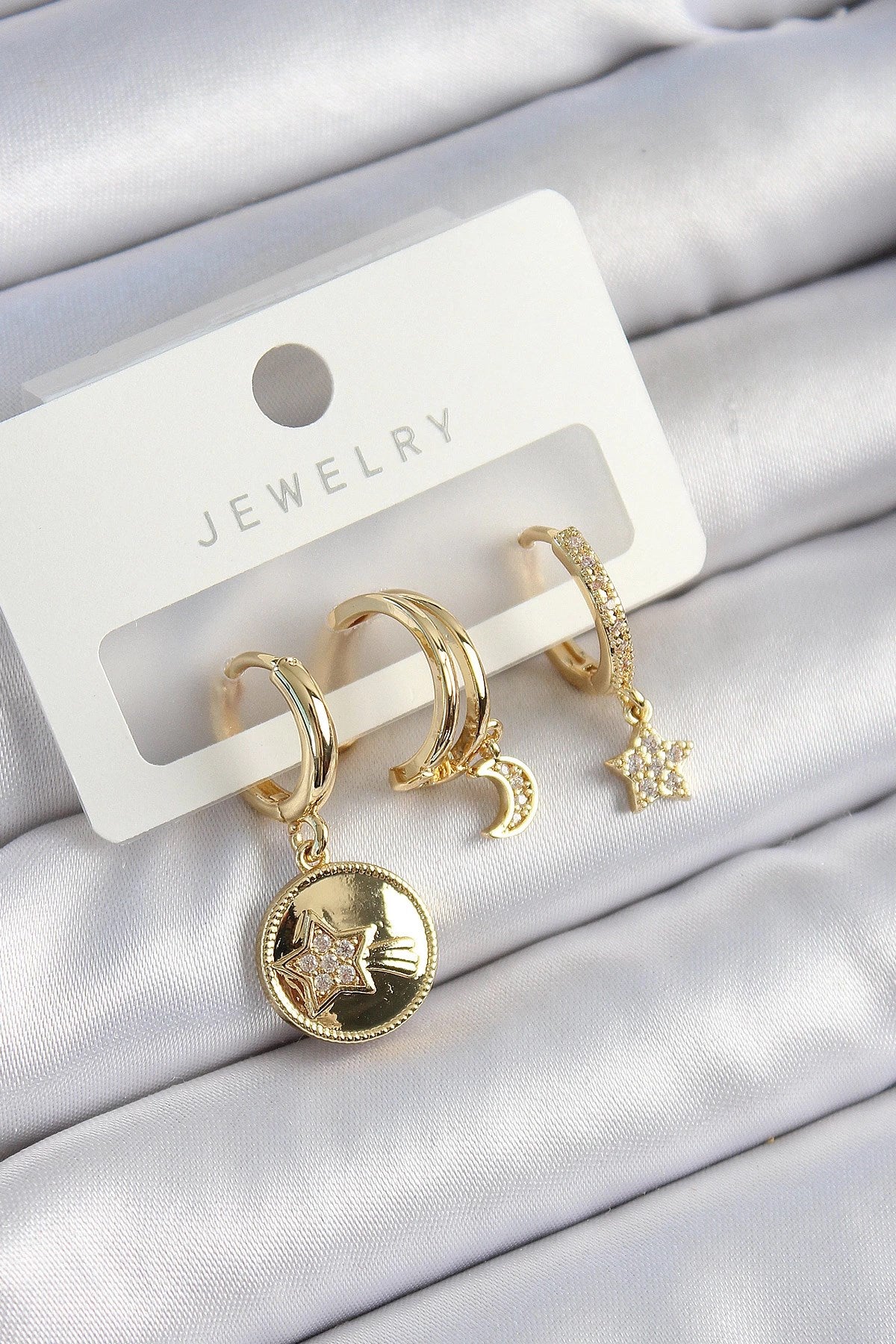 Mey İthalat® Pirinç Zirkon Taşlı Yıldız Ve Ay Model Gold Renk 3'lü Çift Kadın Küpe Set