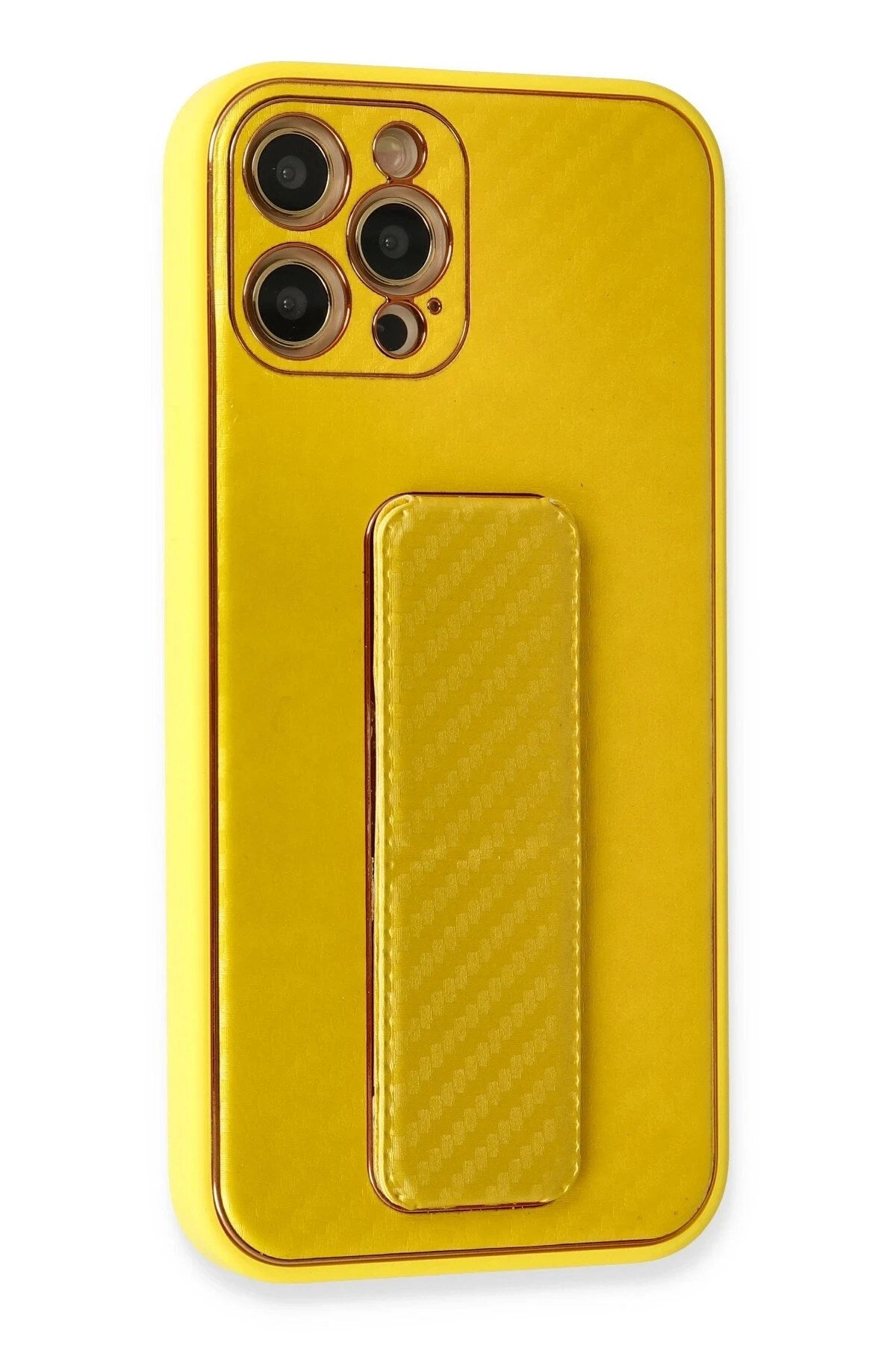 Mey İthalat® iPhone 12 Pro Max Kılıf Coco Karbon Standlı Kapak - Sarı
