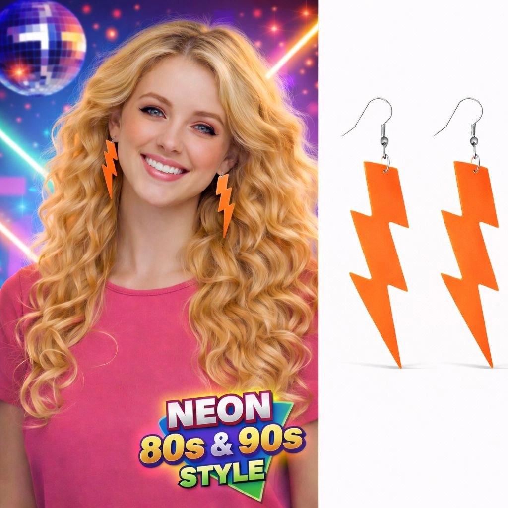Mey İthalat® 80’ler 90&amp;#39;lar Retro Neon Turuncu Şimşek Küpe 10 cm