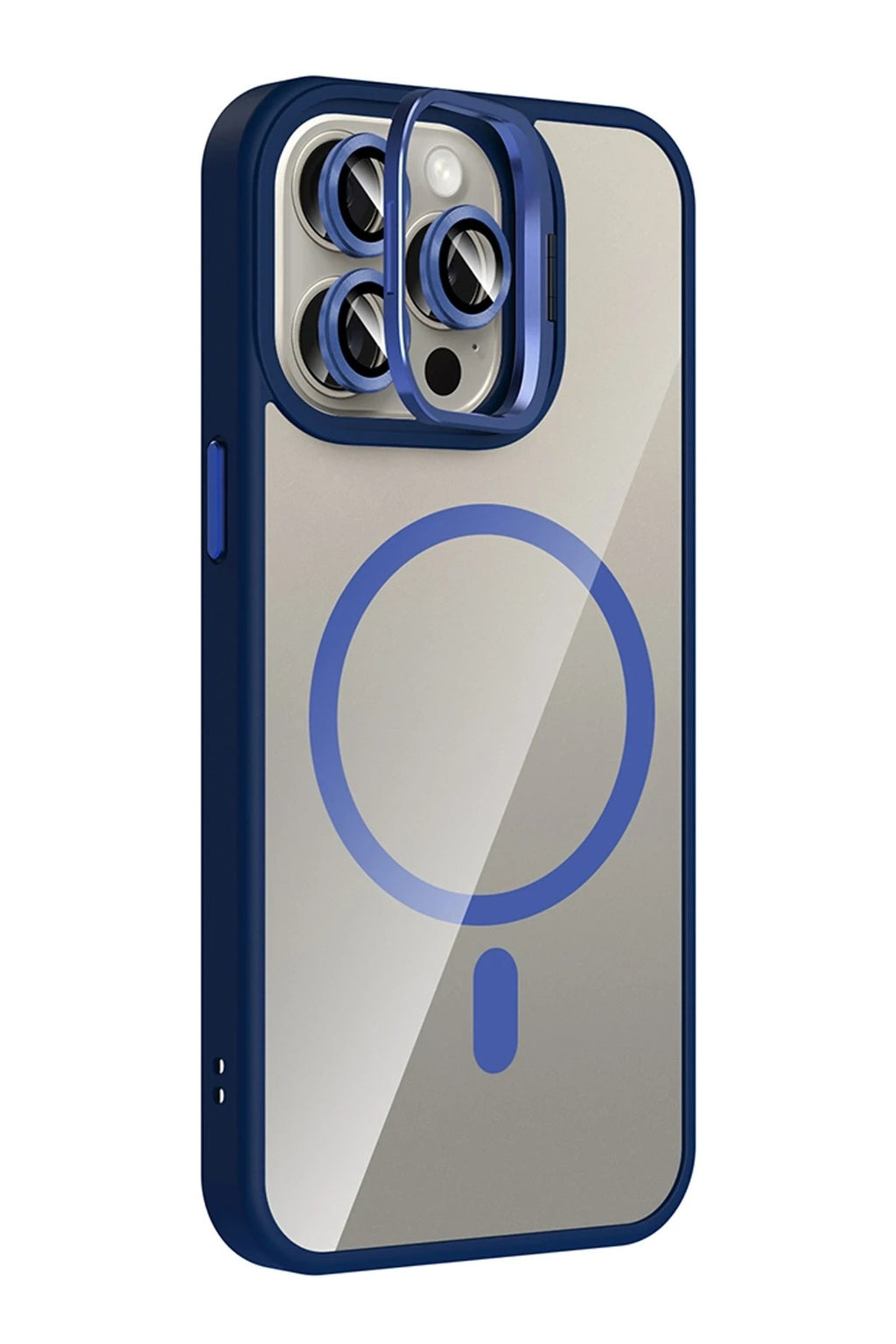 Mey İthalat® iPhone 14 Pro Max Remim Lensli Magsafe Standlı Kapak - Lacivert