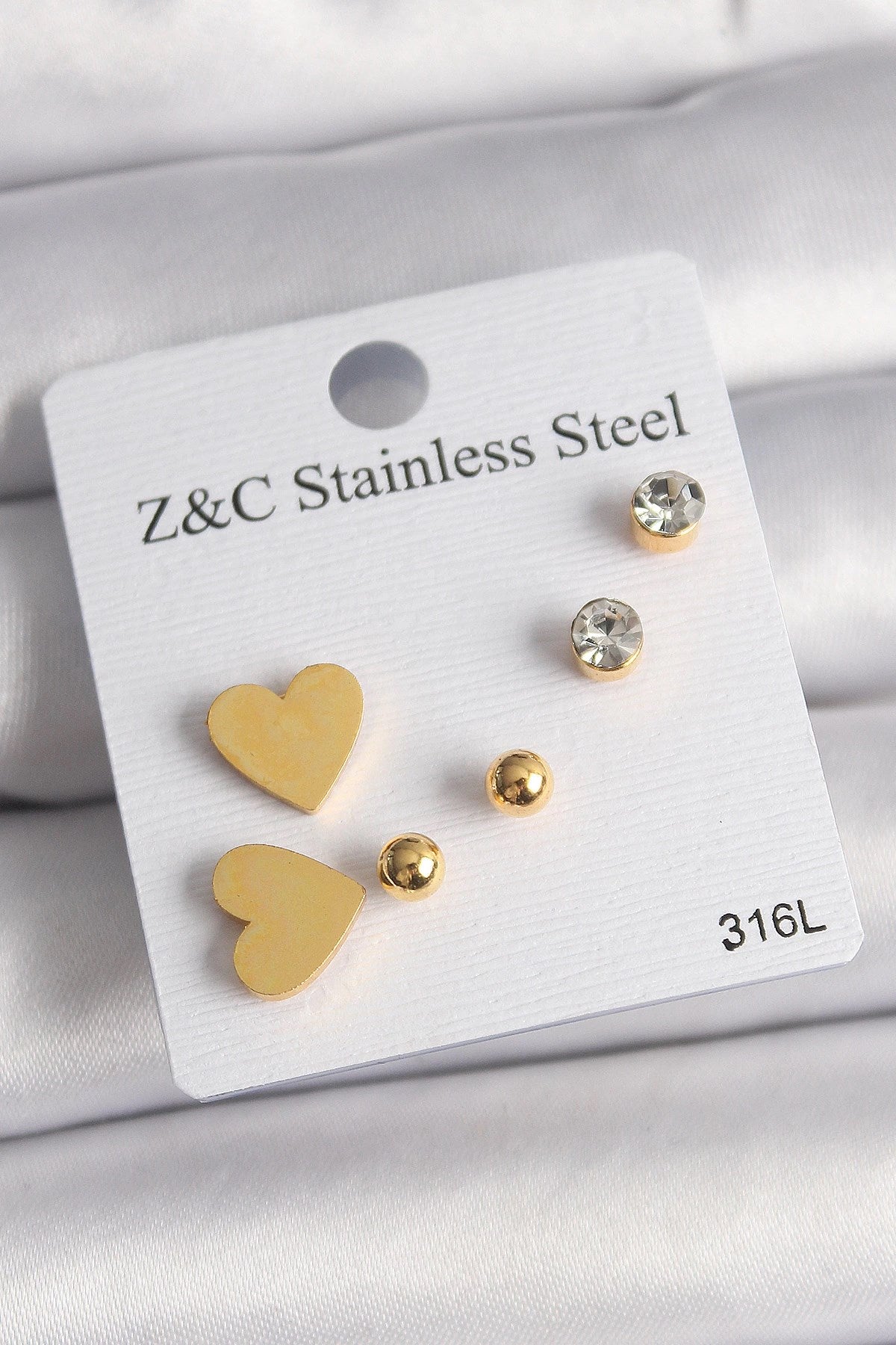 Mey İthalat® 316L Çelik Gold Renk Zirkon Taşlı Kalpli Kadın Küpe Seti