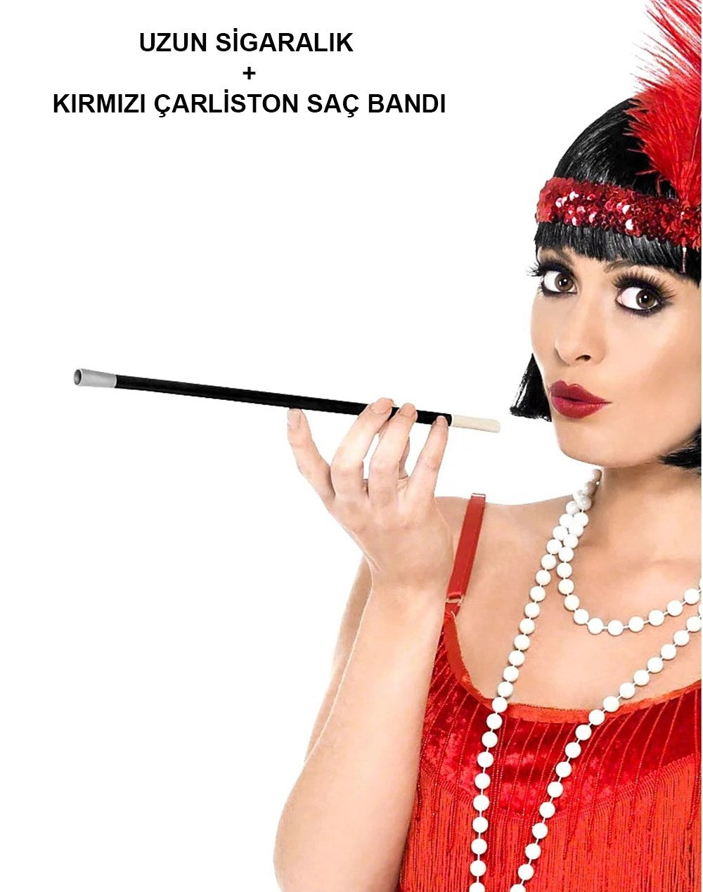 Mey İthalat® 1920&amp;#39;ler 1990&amp;#39;lar Gatsby Kadın Aksesuar Seti – Kırmızı Charleston Saç Bandı ve Sigaralık