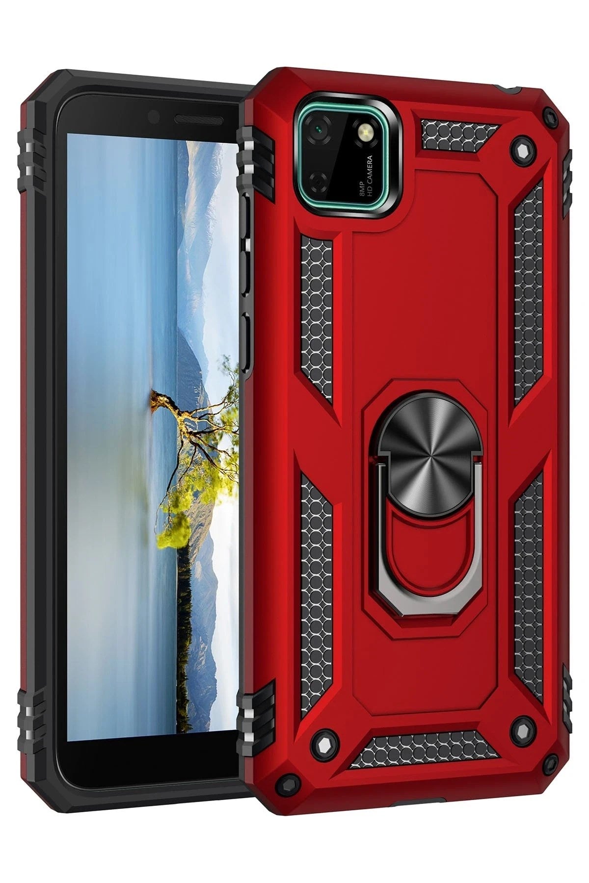 Mey İthalat® Huawei Y5P Kılıf Sofya Yüzüklü Silikon Kapak - Kırmızı