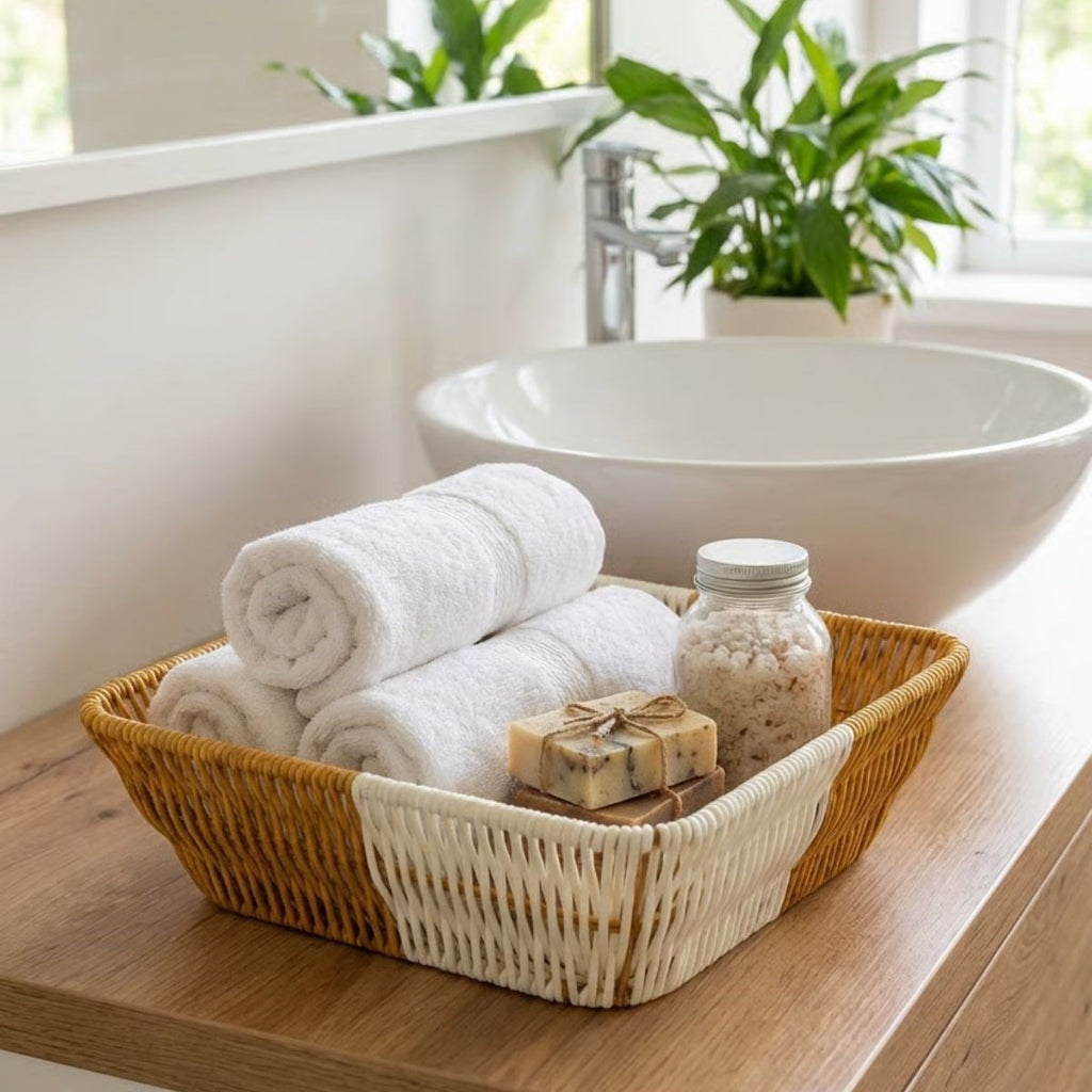 Kare Çift Renkli Plastik Rattan Ekmek ve Meyve Sepeti - Çok Amaçlı Banyo ve Mutfak Düzenleyici - Yıkanabilir Tezgâh Üstü Organizer