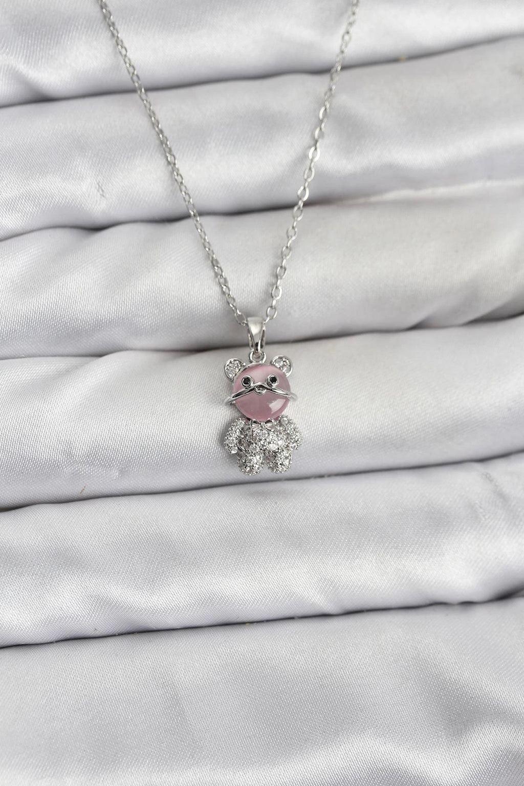 Mey İthalat® 316L Çelik Zincir Gümüş Renk Teddy Bear Model Zirkon Taşlı Kadın Kolye